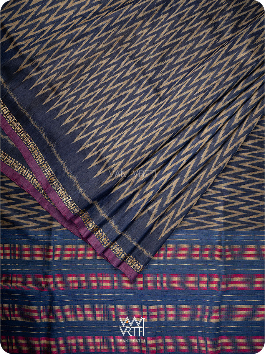 Midnight Blue Aziz Ikat Handspun Tussar Silk Saree