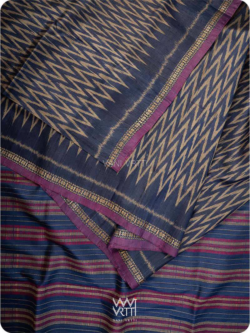 Midnight Blue Aziz Ikat Handspun Tussar Silk Saree