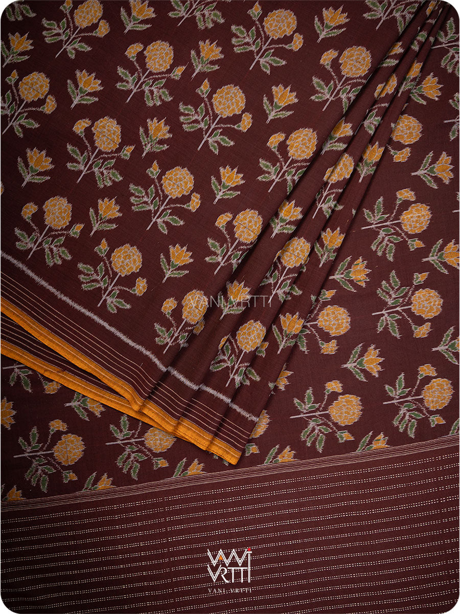 Coffee Marigold Cotton Ikat Saree