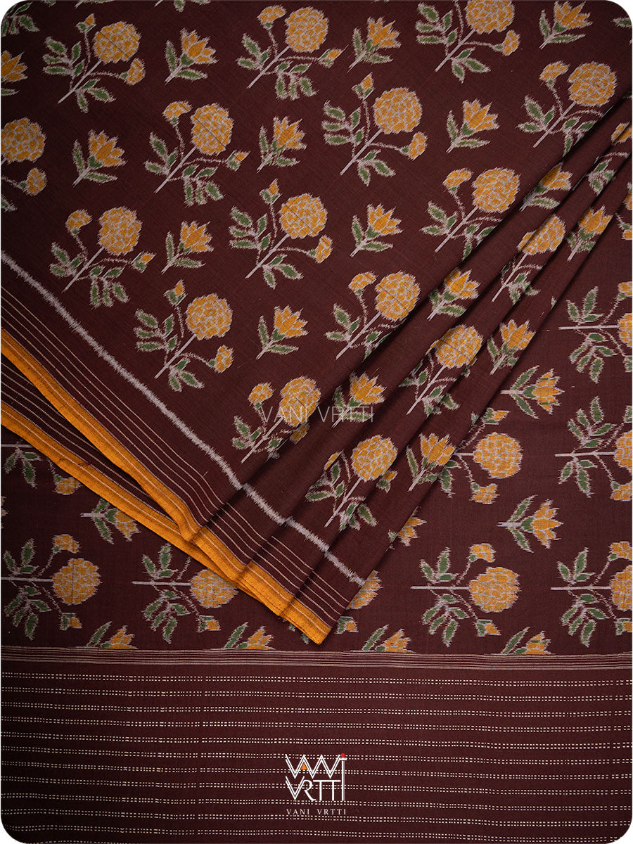 Coffee Marigold Cotton Ikat Saree
