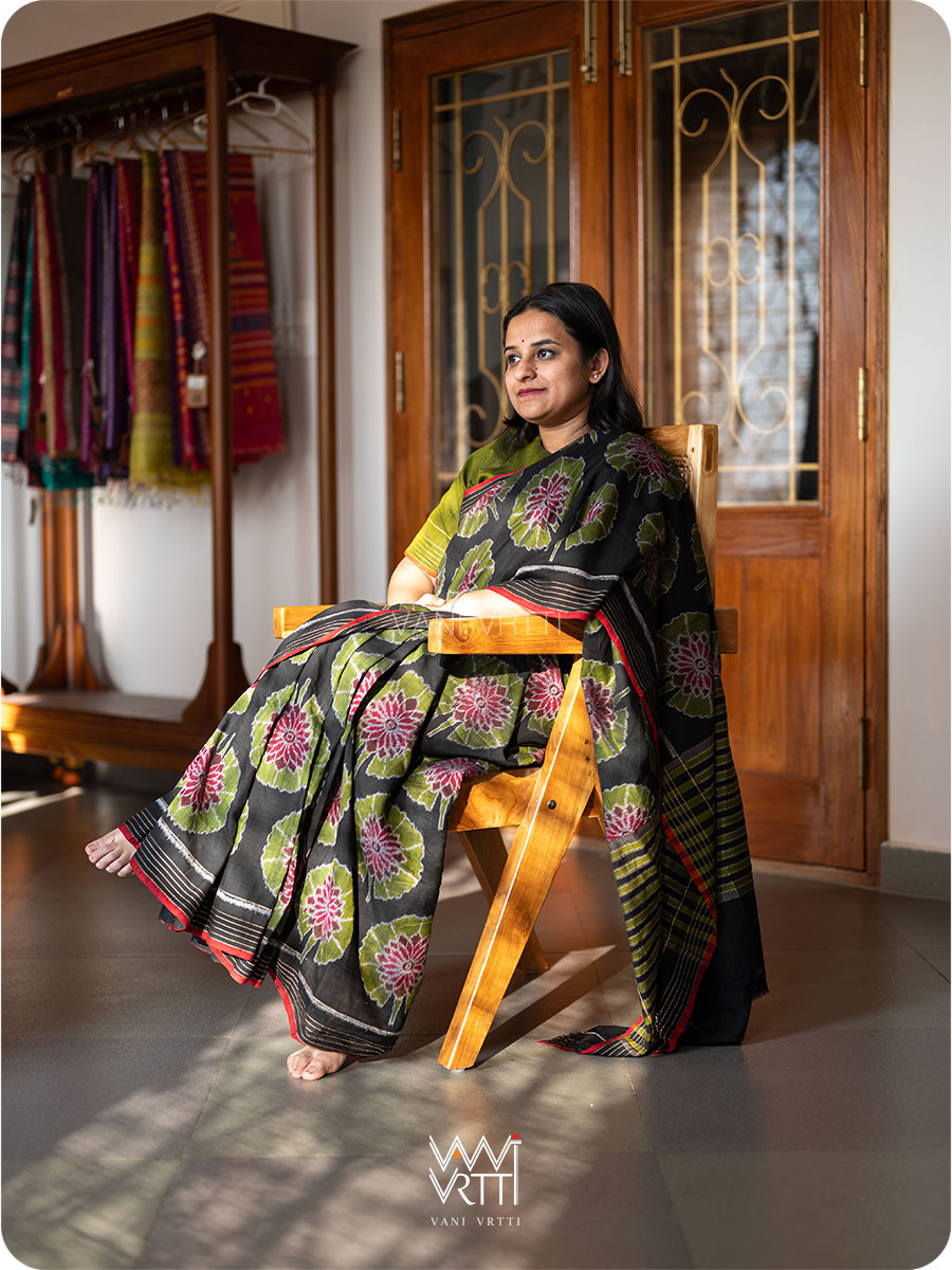 Black Lily Pond Cotton Ikat Saree