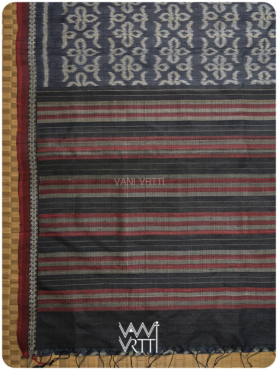 Black Ashok Phool Ikat Handspun Tussar Silk Sari