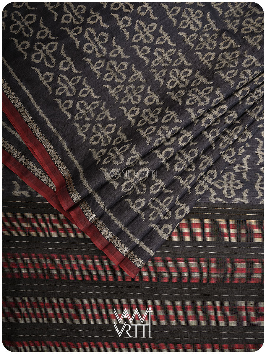 Black Ashok Phool Ikat Handspun Tussar Silk Sari