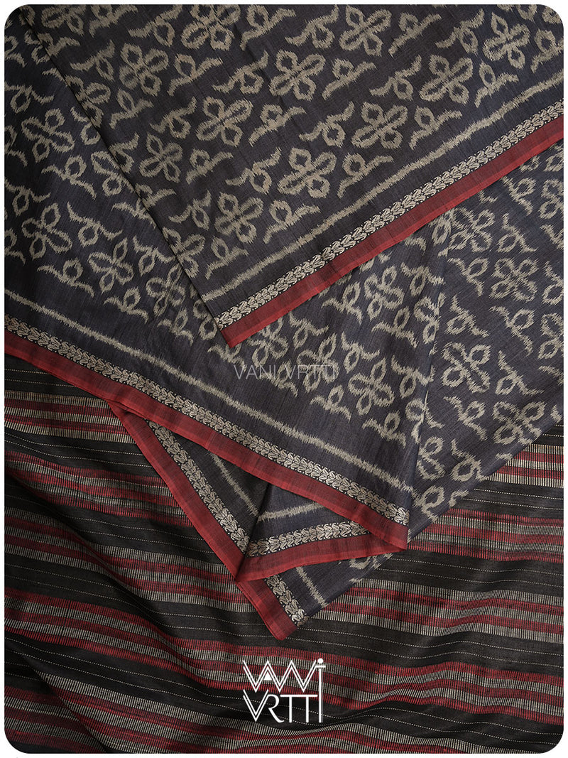 Black Ashok Phool Ikat Handspun Tussar Silk Sari