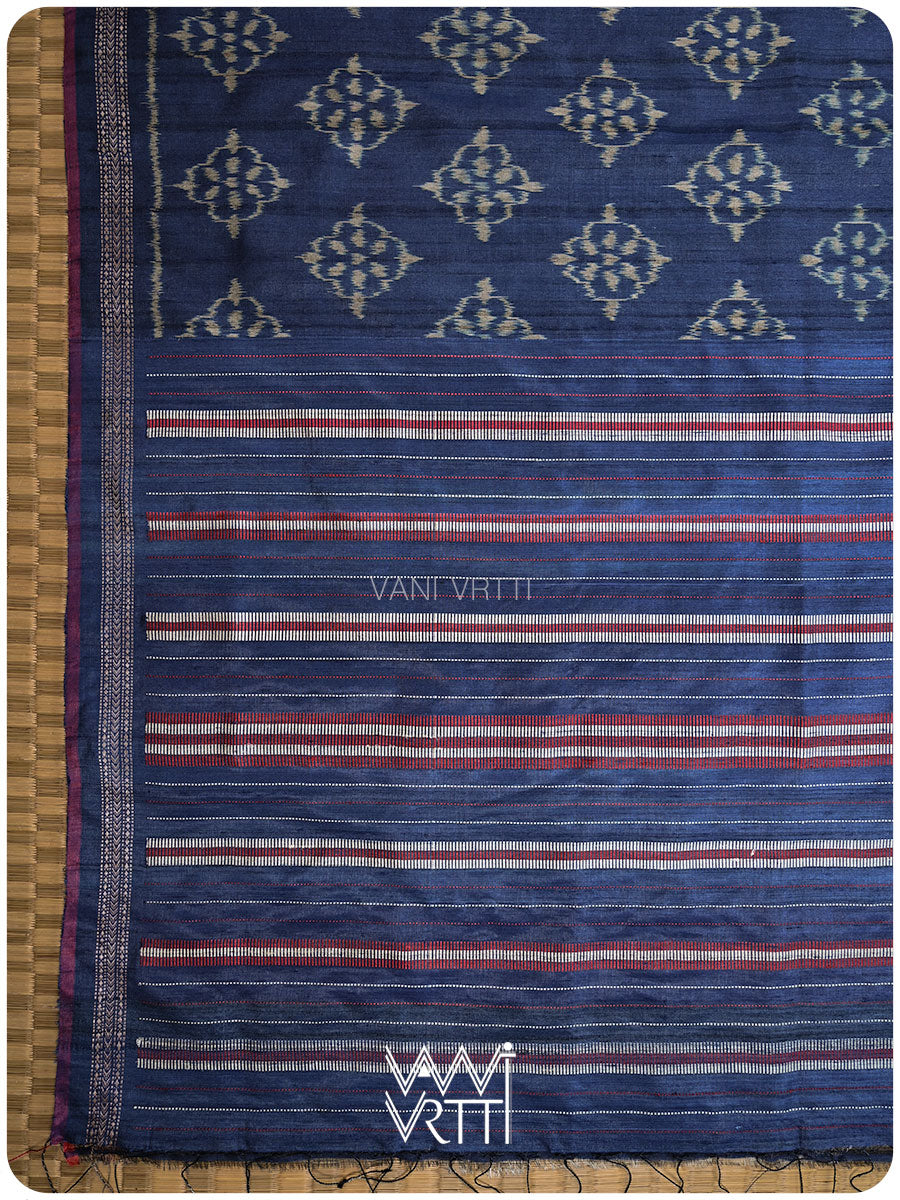 Ink Blue Nargis Ikat Handspun Tussar Silk Sari