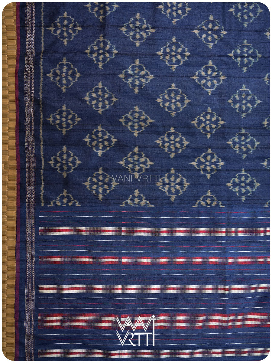Ink Blue Nargis Ikat Handspun Tussar Silk Sari