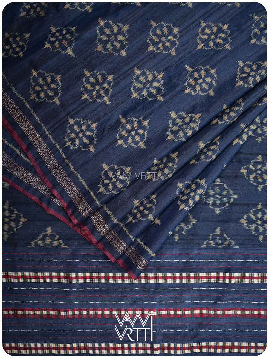 Ink Blue Nargis Ikat Handspun Tussar Silk Sari