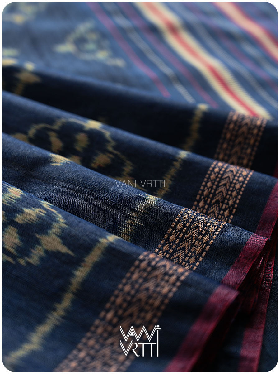 Ink Blue Nargis Ikat Handspun Tussar Silk Sari