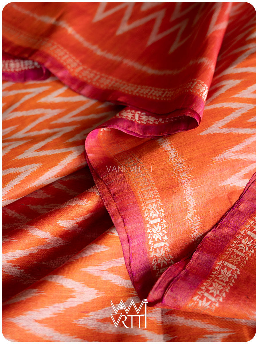 Orange Aziz Ikat Handspun Tussar Silk Saree