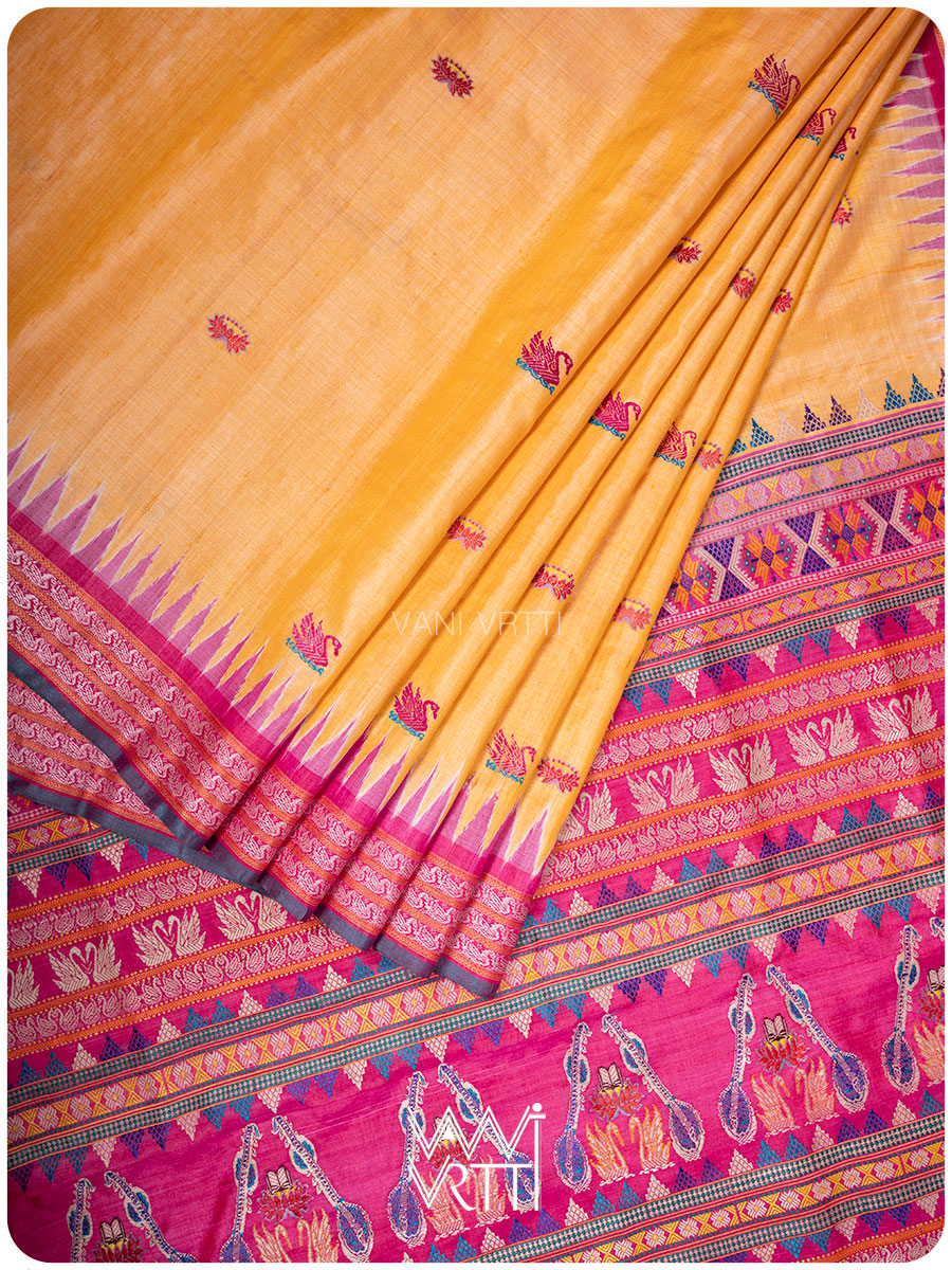Chikoo Yellow Veena Pani Lata Master Weave Exclusive Handspun Tussar Silk Saree