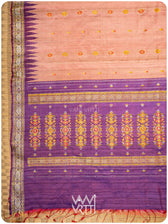 Light Peach Red Purple Brahma Kamal Master Weave Exclusive Handspun Tussar Silk Sari