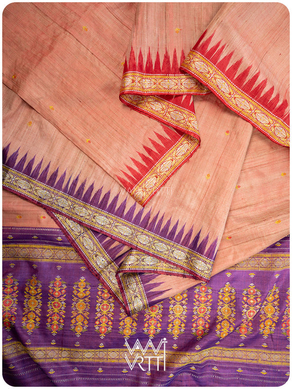 Light Peach Red Purple Brahma Kamal Master Weave Exclusive Handspun Tussar Silk Sari