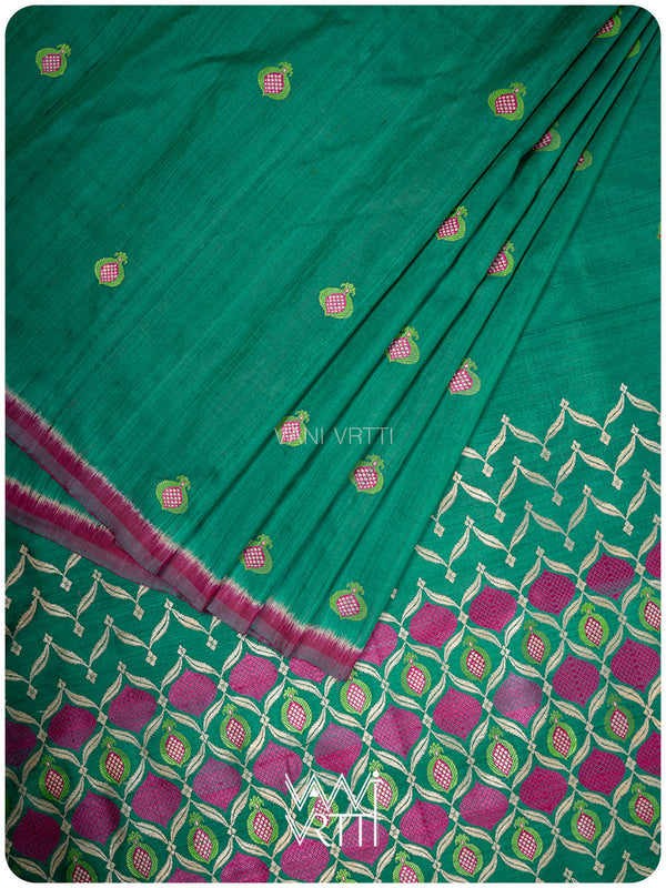 Emerald Green Pomegranate Jaal Handspun Tussar Silk Saree