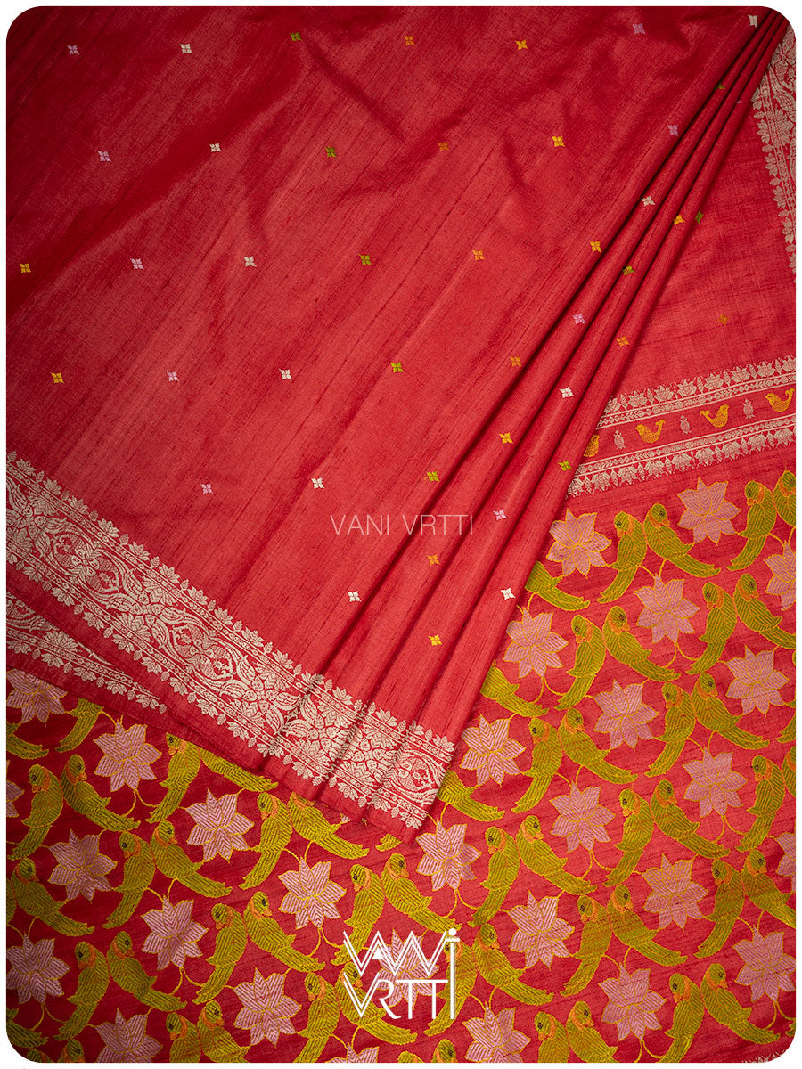 Red Lotus Parrot Jaal Designer Exclusive Handspun Handwoven Tussar Silk Saree
