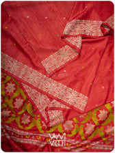 Red Lotus Parrot Jaal Designer Exclusive Handspun Handwoven Tussar Silk Saree