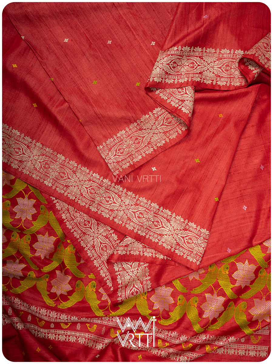 Red Lotus Parrot Jaal Designer Exclusive Handspun Handwoven Tussar Silk Saree