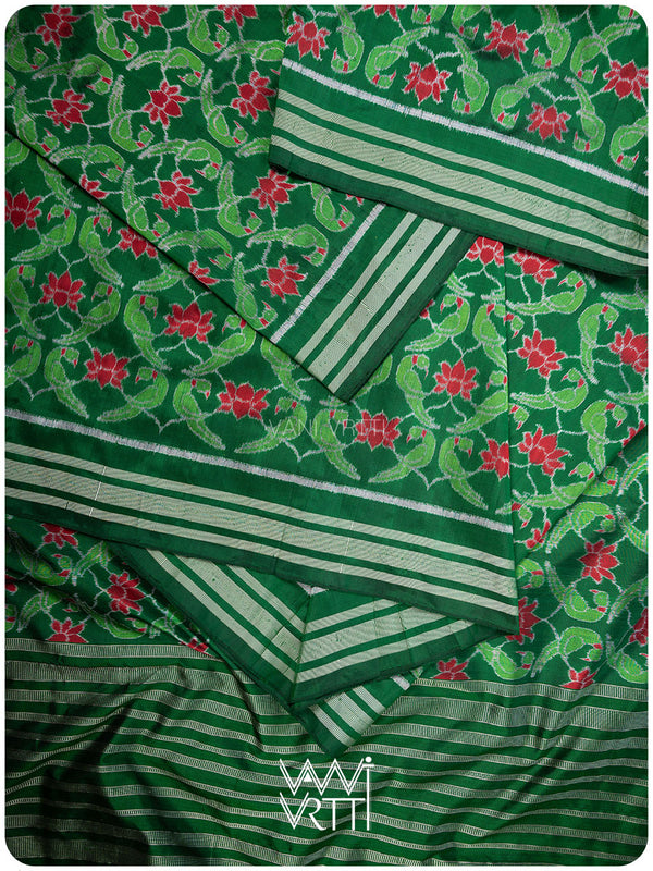 Emerald Green Lotus Parrot Mulberry Silk Ikat Saree