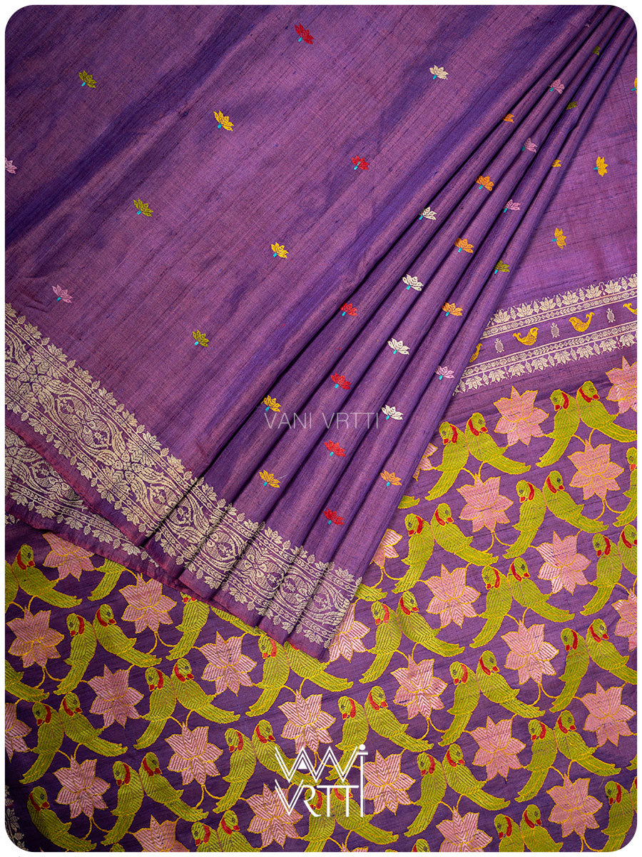 Purple Lotus Parrot Jaal Designer Exclusive Handspun Handwoven Tussar Silk Saree