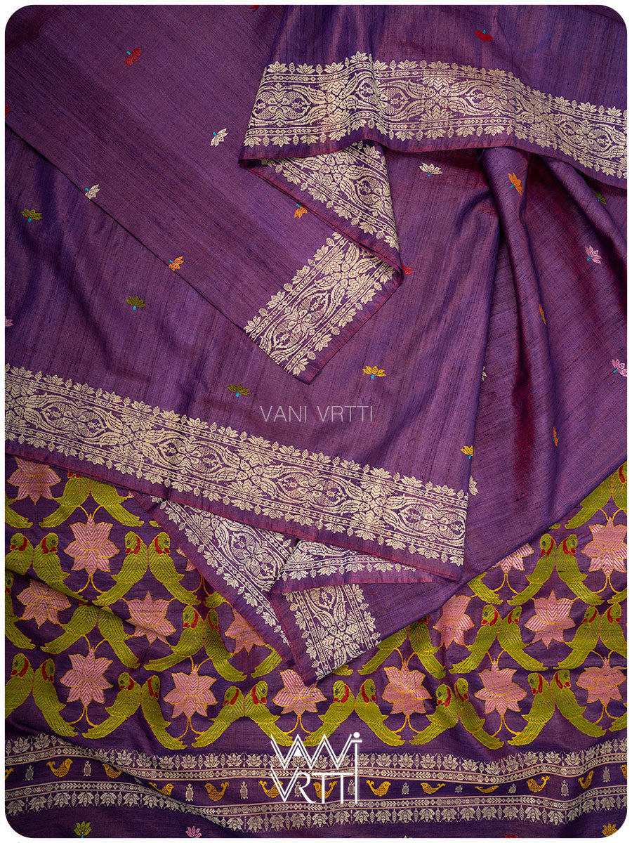 Purple Lotus Parrot Jaal Designer Exclusive Handspun Handwoven Tussar Silk Saree