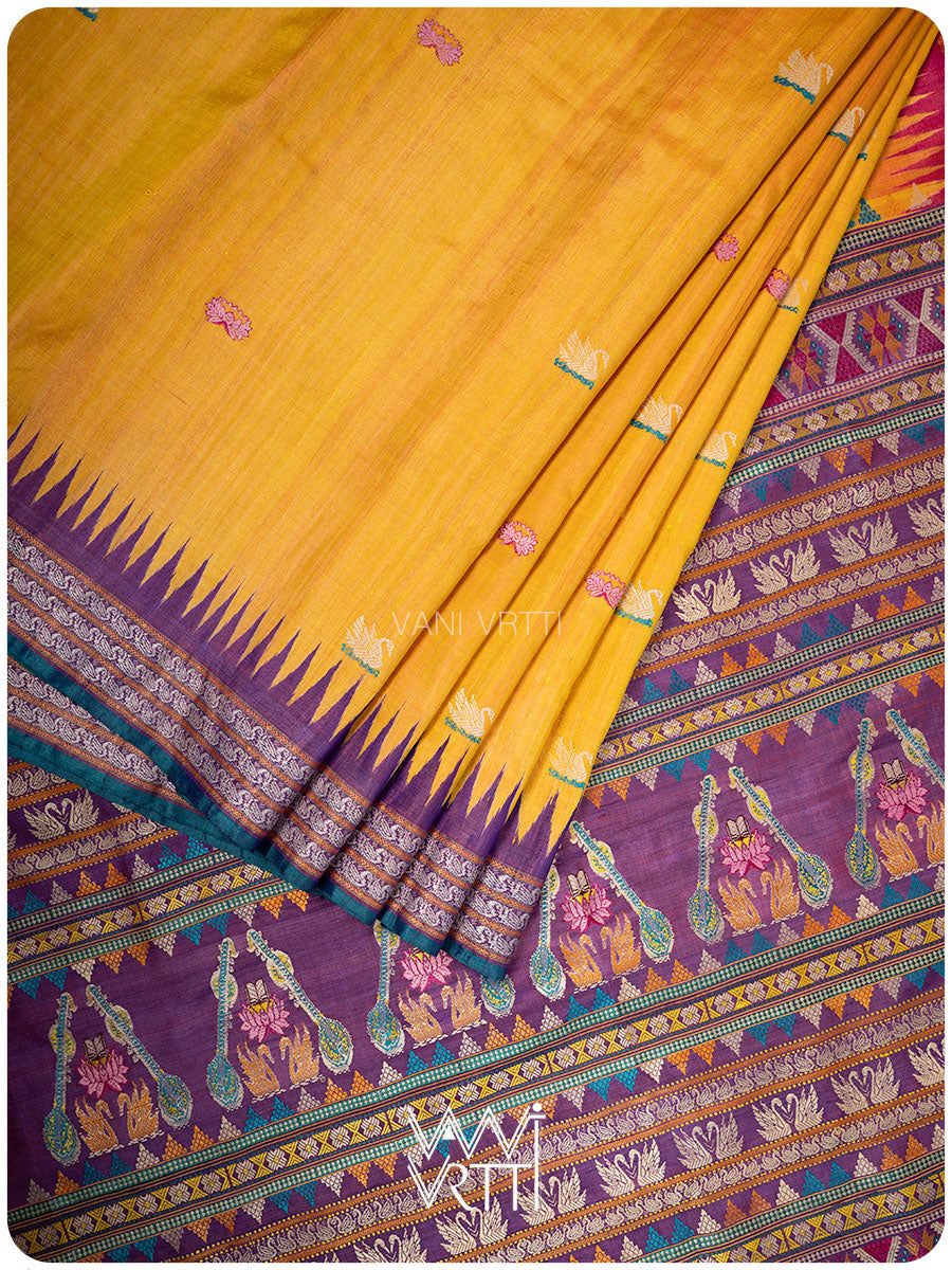 Mustard Yellow Pink Purple Ganga Jamuna Veena Pani Lata Master Weave Exclusive Handspun Tussar Silk Sari