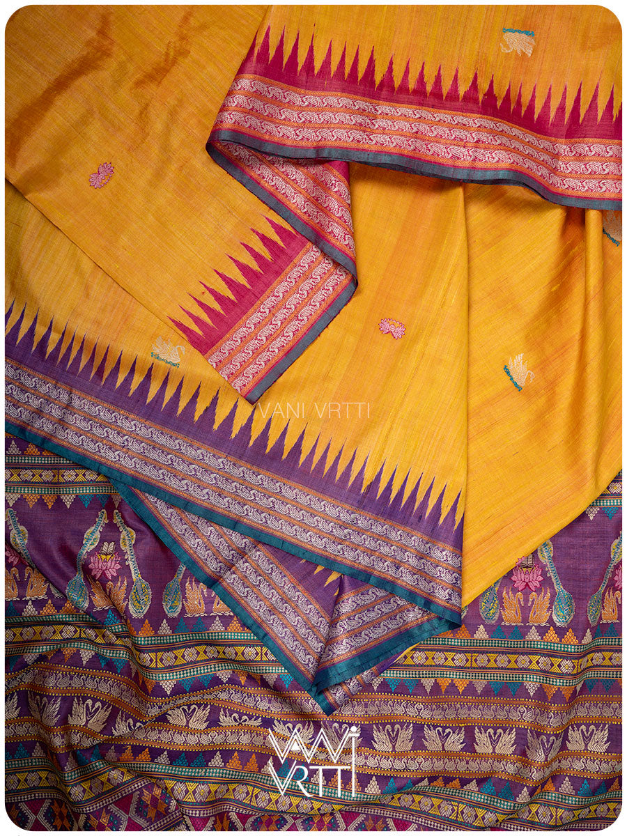 Mustard Yellow Pink Purple Ganga Jamuna Veena Pani Lata Master Weave Exclusive Handspun Tussar Silk Sari