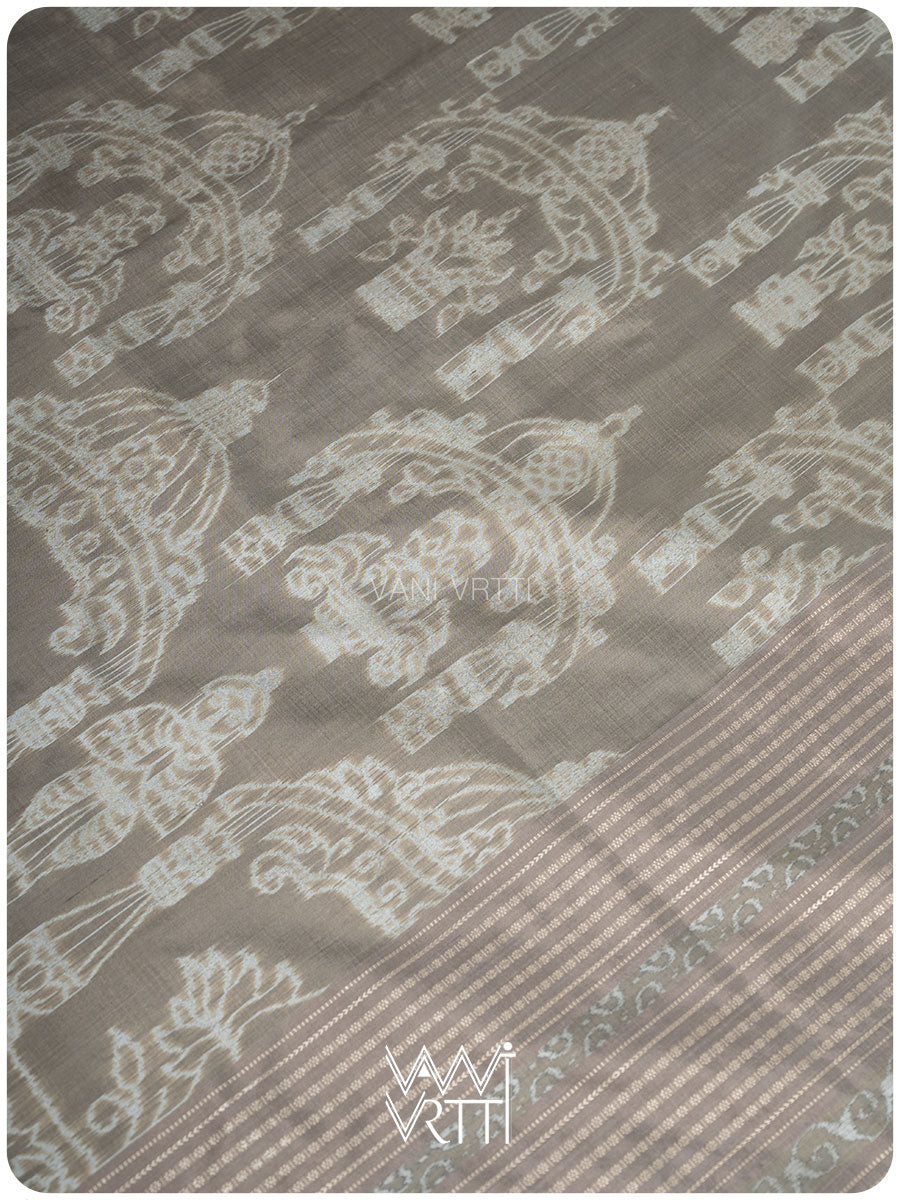 Grey Tulasi Chauda Tea Leaf Natural Dyed Mulberry Silk Ikat Saree