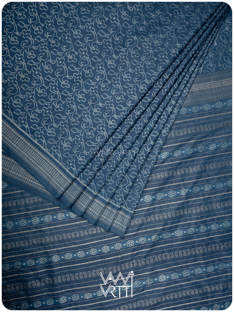 Indigo Barahamasi Phool Jaal Natural Dyed Mulberry Silk Ikat Saree