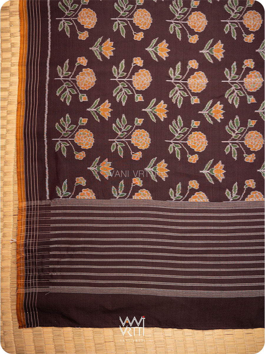 Deep Chocolate Brown Marigold Lily Cotton Ikat Saree