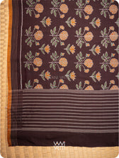 Deep Chocolate Brown Marigold Lily Cotton Ikat Saree