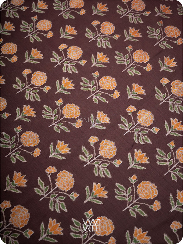 Deep Chocolate Brown Marigold Lily Cotton Ikat Saree