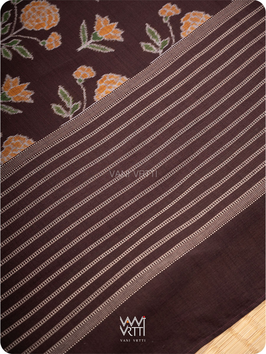 Deep Chocolate Brown Marigold Lily Cotton Ikat Saree