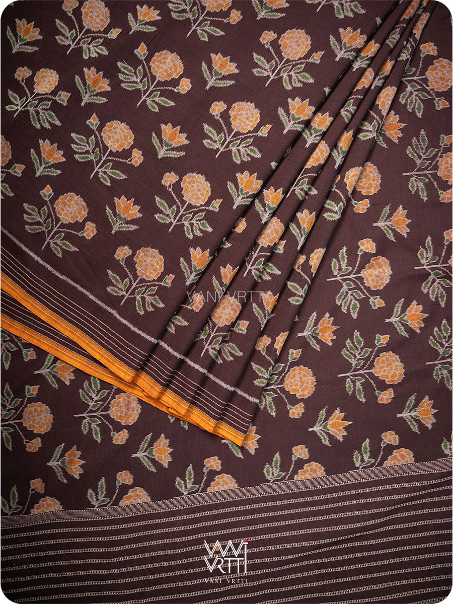 Deep Brown Marigold Lily Cotton Ikat Saree
