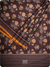 Deep Chocolate Brown Marigold Lily Cotton Ikat Saree