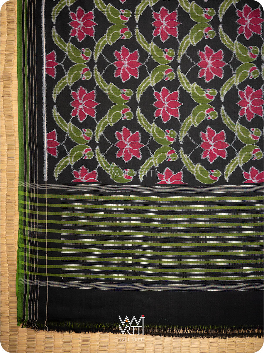 Black Lotus Parrot Fine Cotton Ikat Saree
