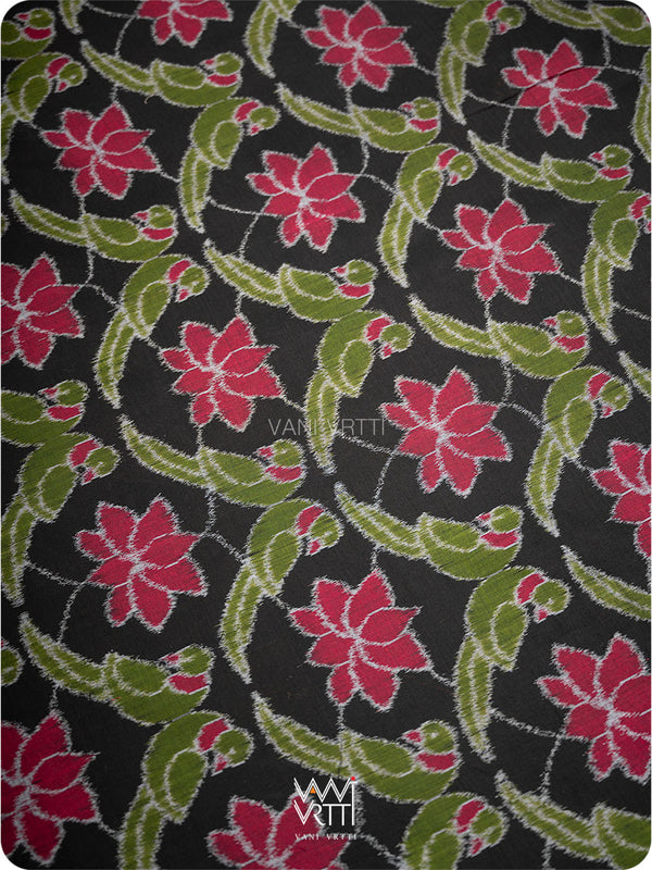 Black Lotus Parrot Fine Cotton Ikat Saree