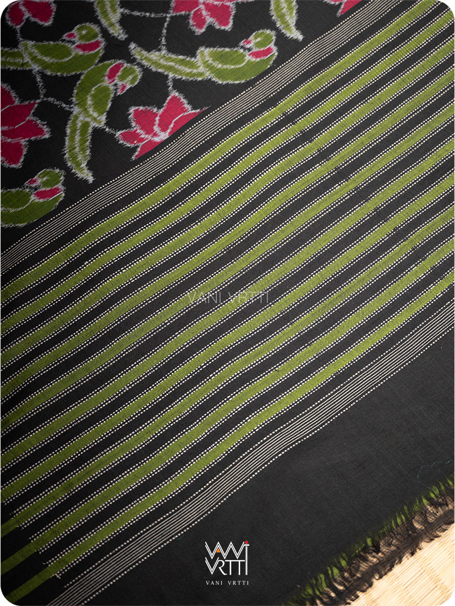 Black Lotus Parrot Fine Cotton Ikat Saree