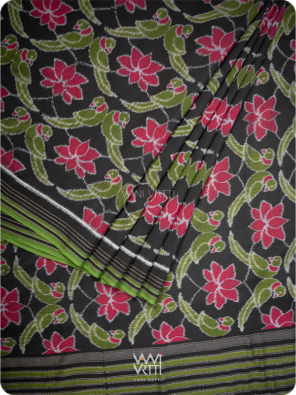 Black Lotus Parrot Fine Cotton Ikat Saree
