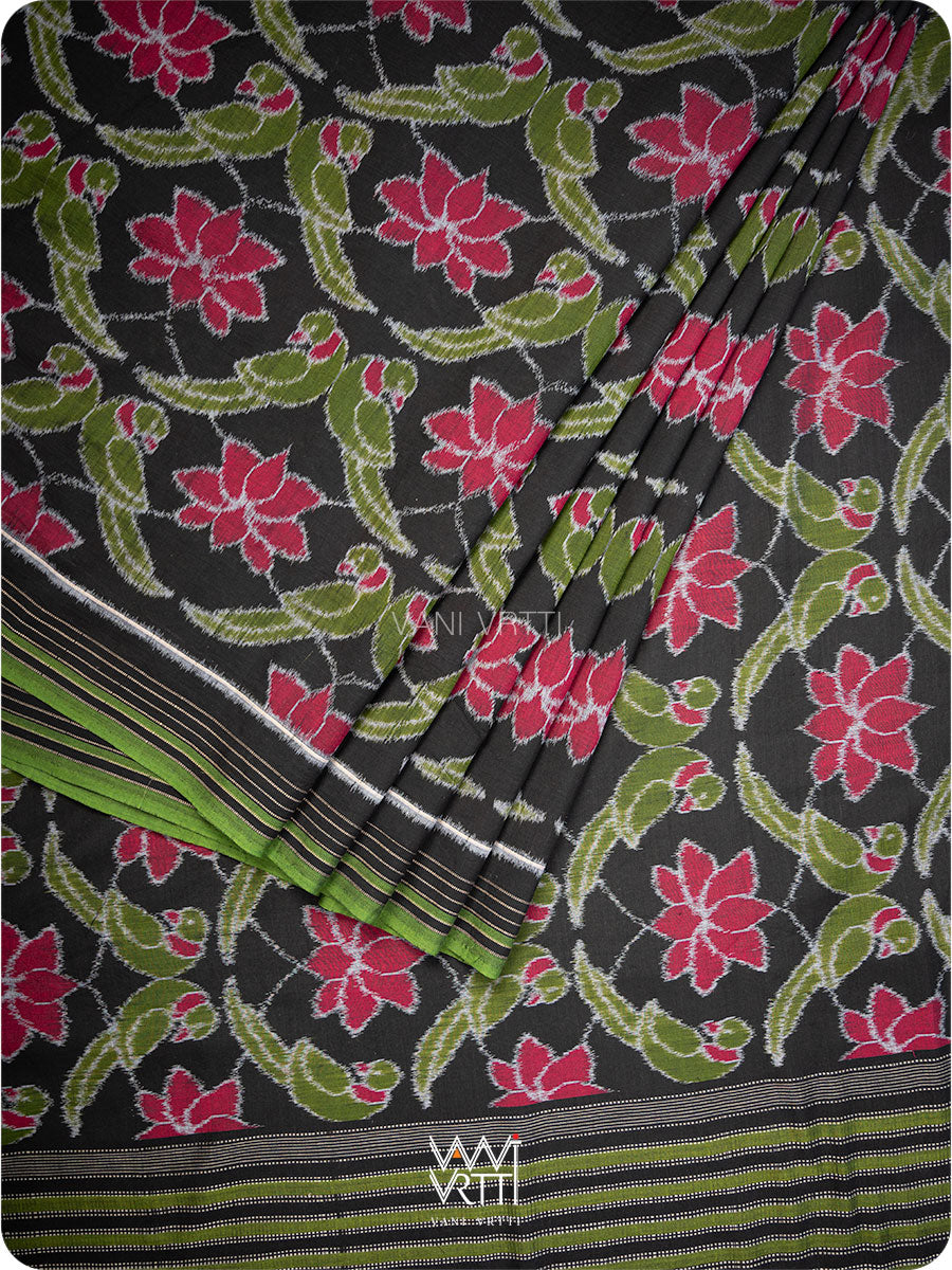 Black Lotus Parrot Fine Cotton Ikat Saree