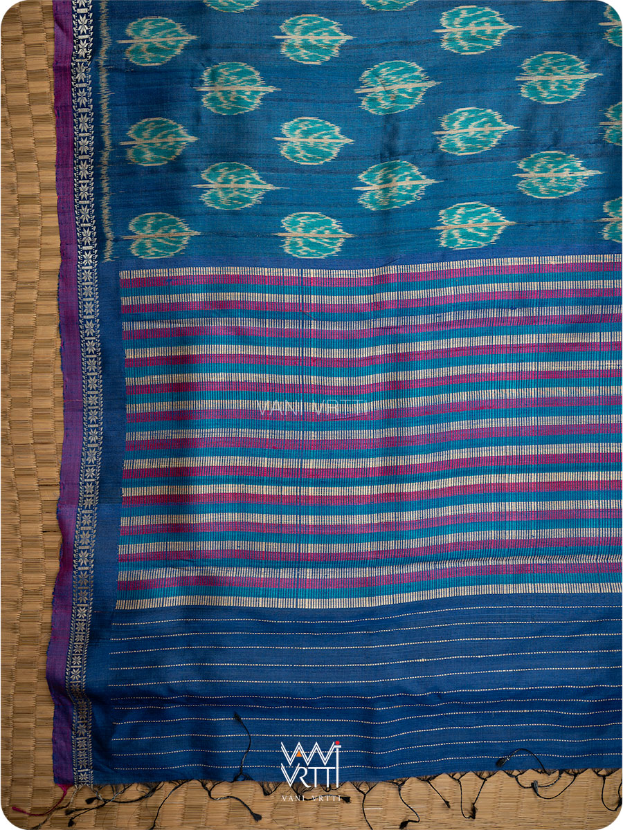 Royal Blue Peepal Ikat Handspun Tussar Silk Sari
