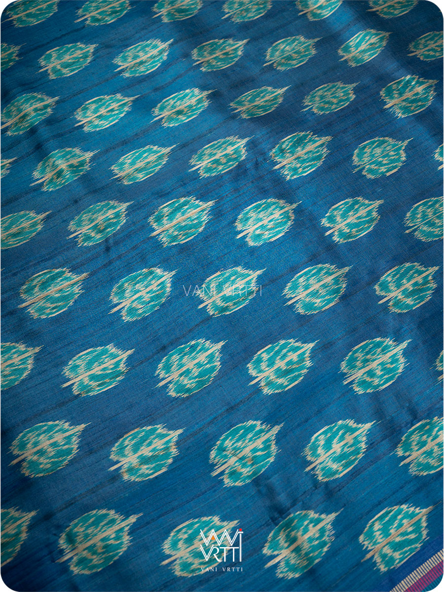 Royal Blue Peepal Ikat Handspun Tussar Silk Sari