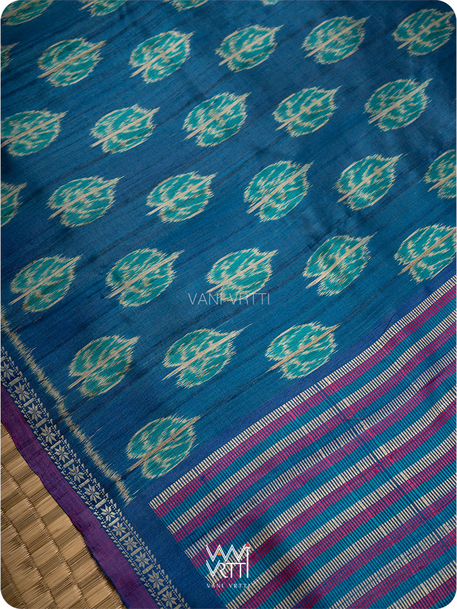 Royal Blue Peepal Ikat Handspun Tussar Silk Sari
