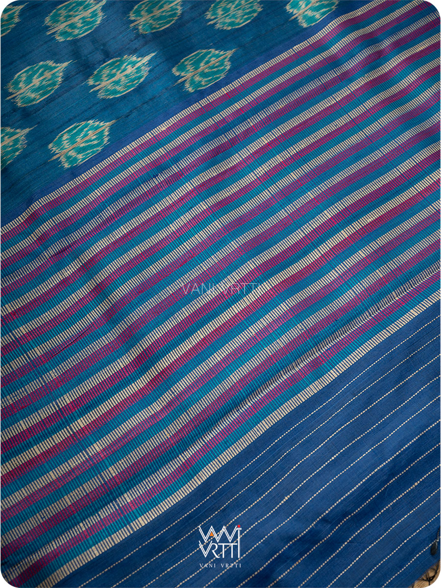 Royal Blue Peepal Ikat Handspun Tussar Silk Sari
