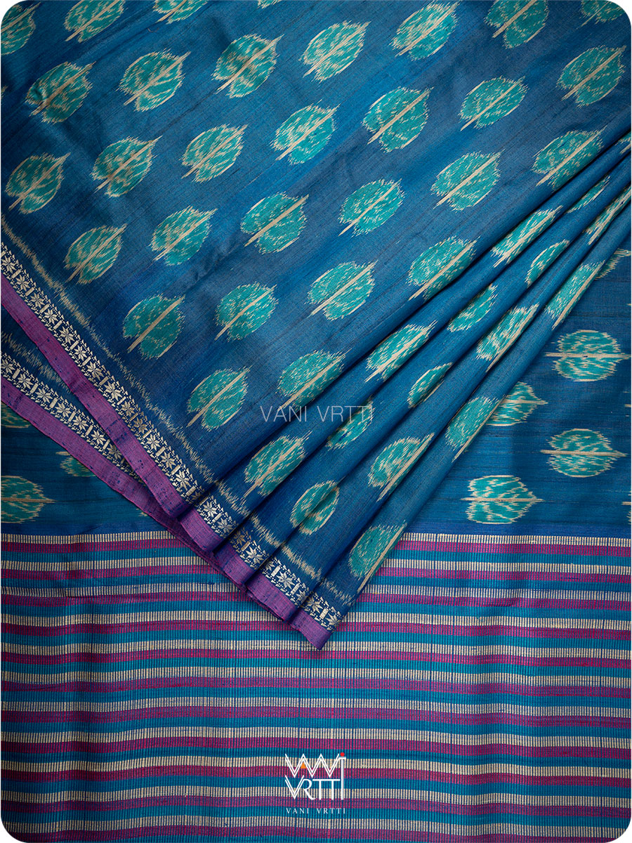Royal Blue Peepal Ikat Handspun Tussar Silk Sari