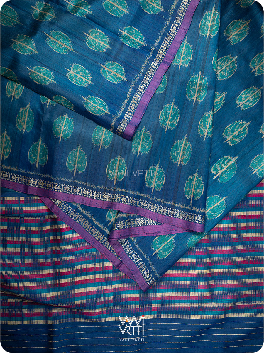 Royal Blue Peepal Ikat Handspun Tussar Silk Sari