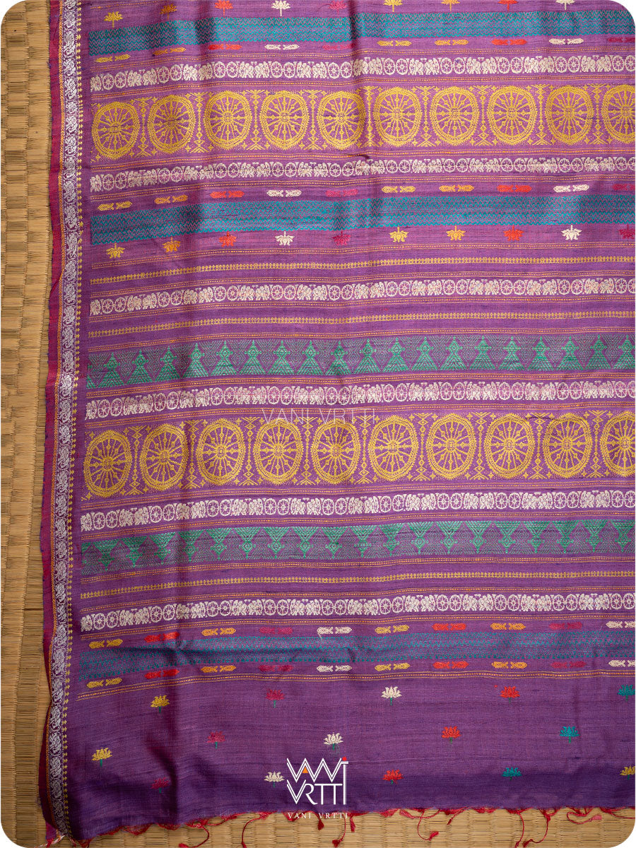 Pallu of handspun tussar silk saree with handwoven lotus flowers in multiple colors