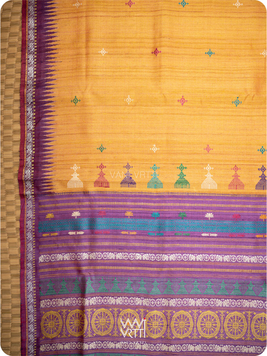 Body and palla of mango yellow tussar silk saree with Airavata elephant border and buttis