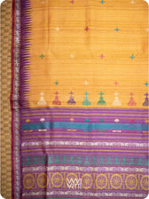 Body and palla of mango yellow tussar silk saree with Airavata elephant border and buttis