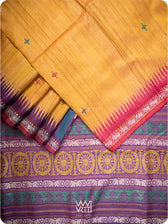 Folded handspun tussar silk saree with Konark Sun Temple-inspired motifs and Airavata border
