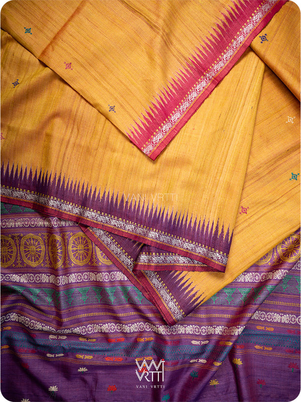 Mango Yellow Pink Purple Airavata Konark Double Palla Handspun Tussar Silk Saree