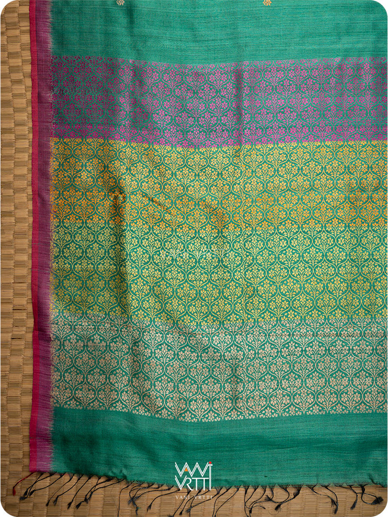 Emerald Green Parijat Jaal Handspun Tussar Silk Saree